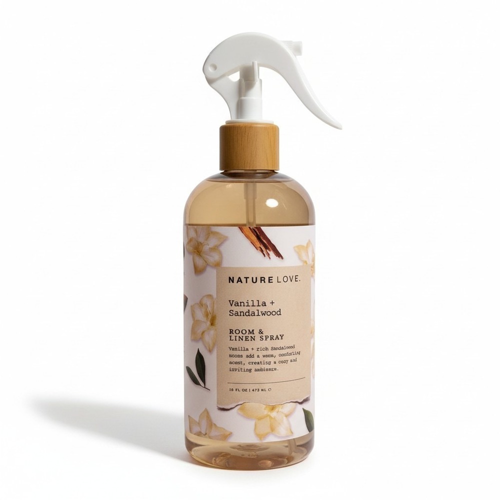 NATURE LOVE  Vanilla‎ Sandalwood ROOM LINEN Fabric Warm Comforting spray 16 oz